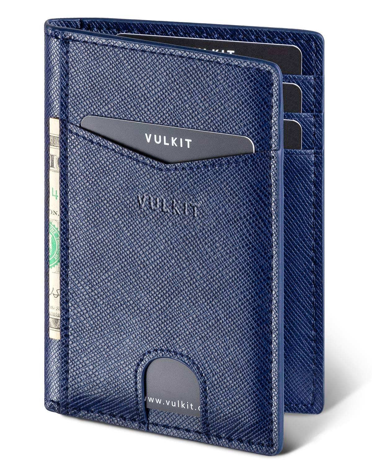 VULKIT Credit Card Holder RFID Blocking Slim Leather Wallet Anti Scan Bank Card Holder Quick Access with 10 Slots (Cross Navy)