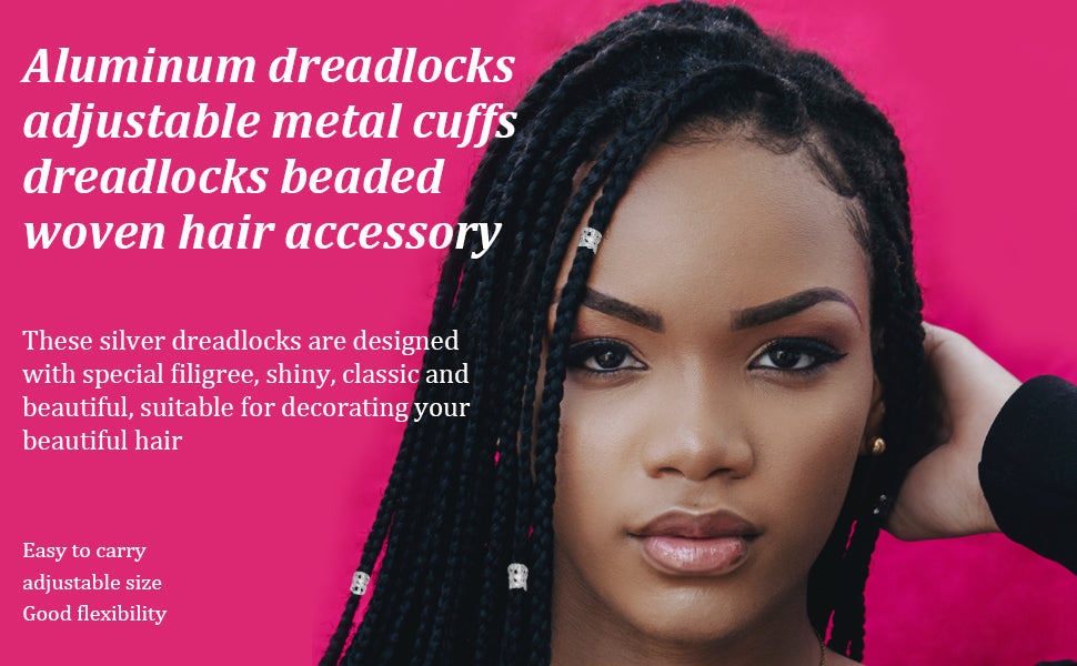 LEBQ 50 Pieces Aluminum Dread Locks Adjustable Metal Cuffs Dreadlocks Beads Braiding Hair Decorations (Silver)