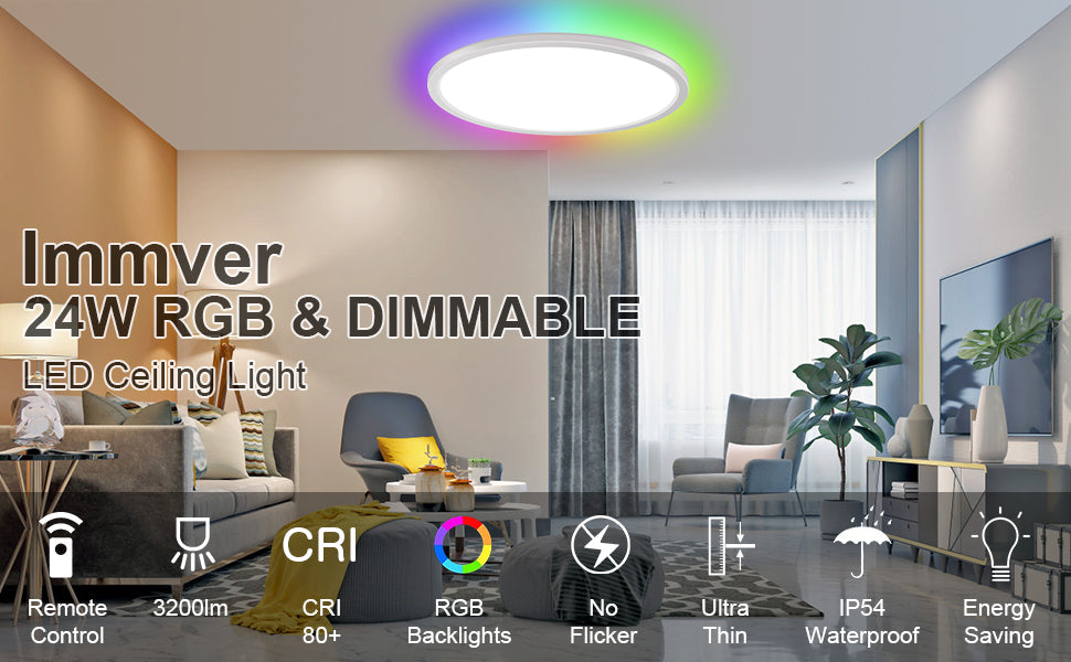 Immver LED Ceiling Light with RGB Backlight, 24W 3200LM 3000K-6000K Dimmable, IP54 Waterproof Bathroom Light, Remote Control Modern Flush Ceiling Light, for Kitchen Hallway Child's Bedroom, Ø11.8in