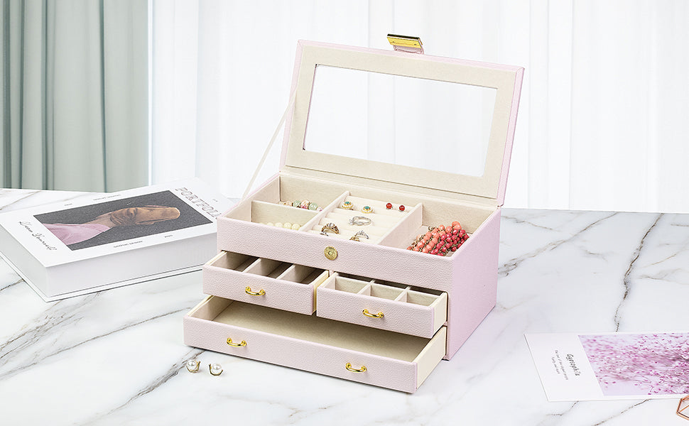 ADEL DREAM Jewellery Box Jewellery Box with 2 Drawers, Lockable Jewellery Organiser with Mirror, Removable Travel Box for Rings, Bracelets, Earrings, Velvet Lining (J11-6White)