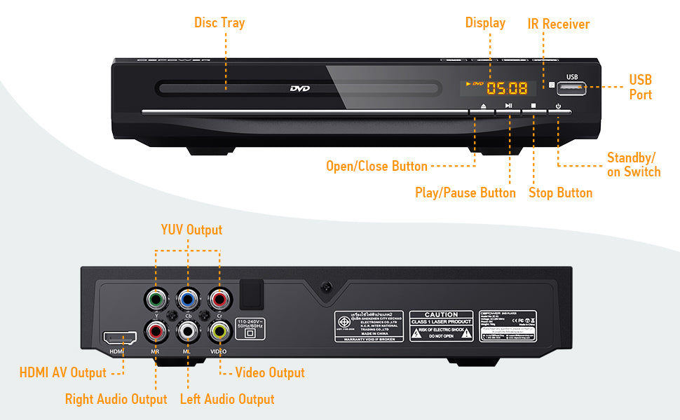 DVD Player for TV, DVD Players with HDMI & AV Cable, Full HD 1080P All-Region Free DVD CD MP3 Player with Remote Control, USB Port (non blueray)