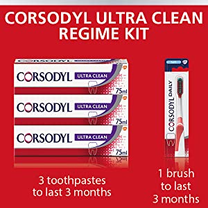 Corsodyl Ultra Clean Gum Care Toothpaste And Toothbrush Multipack, Regime Kit (3 x Ultra Clean Fluoride Toothpaste And 1 x Soft Bristles Toothbrush For Adults)