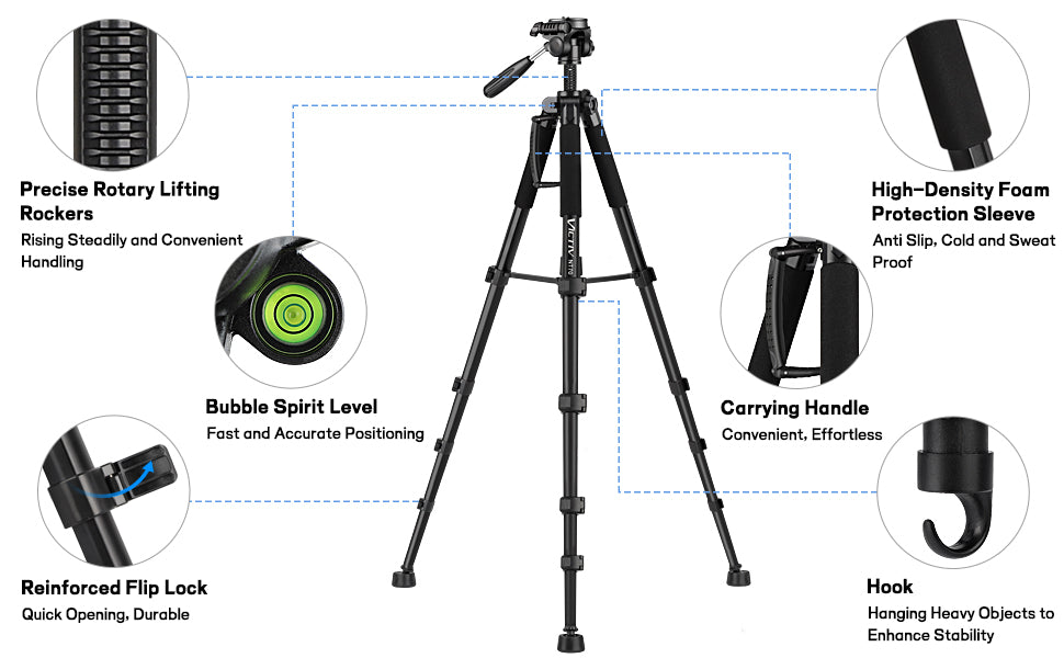 Victiv Camera Tripod 63-73" for Canon Nikon, Lightweight DSLR Camera Stand with Detachable 3-way Swivel Pan Head Max Load 14lb/6.35kg, Aluminum Tripod with Holder and Carry Bag