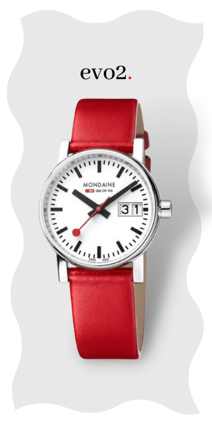 Mondaine Evo2 MSE.35110.LC Mens and Womens Watch 35mm - Official Swiss Railways Wrist Watch Red Leather Strap 30m Waterproof Sapphire Crystal