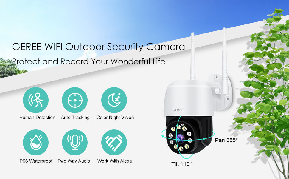 CCTV Camera with Color Night Vision, GEREE 1080P PTZ Security Camera Outdoor Wifi IP Camera Home Security with 355°Pan 110°Tilt Auto Tracking Motion Detection Two-way Audio