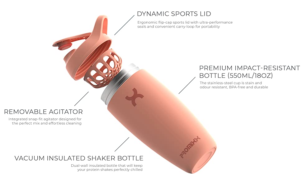Promixx Pursuit Shaker Bottle Insulated Stainless Steel Water Bottle and Blender Cup, 550ml, Coral