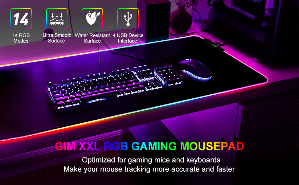4 USB RGB Gaming Mouse Mat Large 800 x 300 x 5mm, 14 Modes XXL Extended Mouse Pad Led Mousepad Glowing Colorful Mice Computer Keyboard Pad Desk Mat Water-Resistant for PC, Laptop, Desk