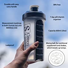 2 Pack. 2 In 1 Durable 20oz Leak Proof Protein Shaker Bottle with Mixer Ball and Pill Storage Compartment