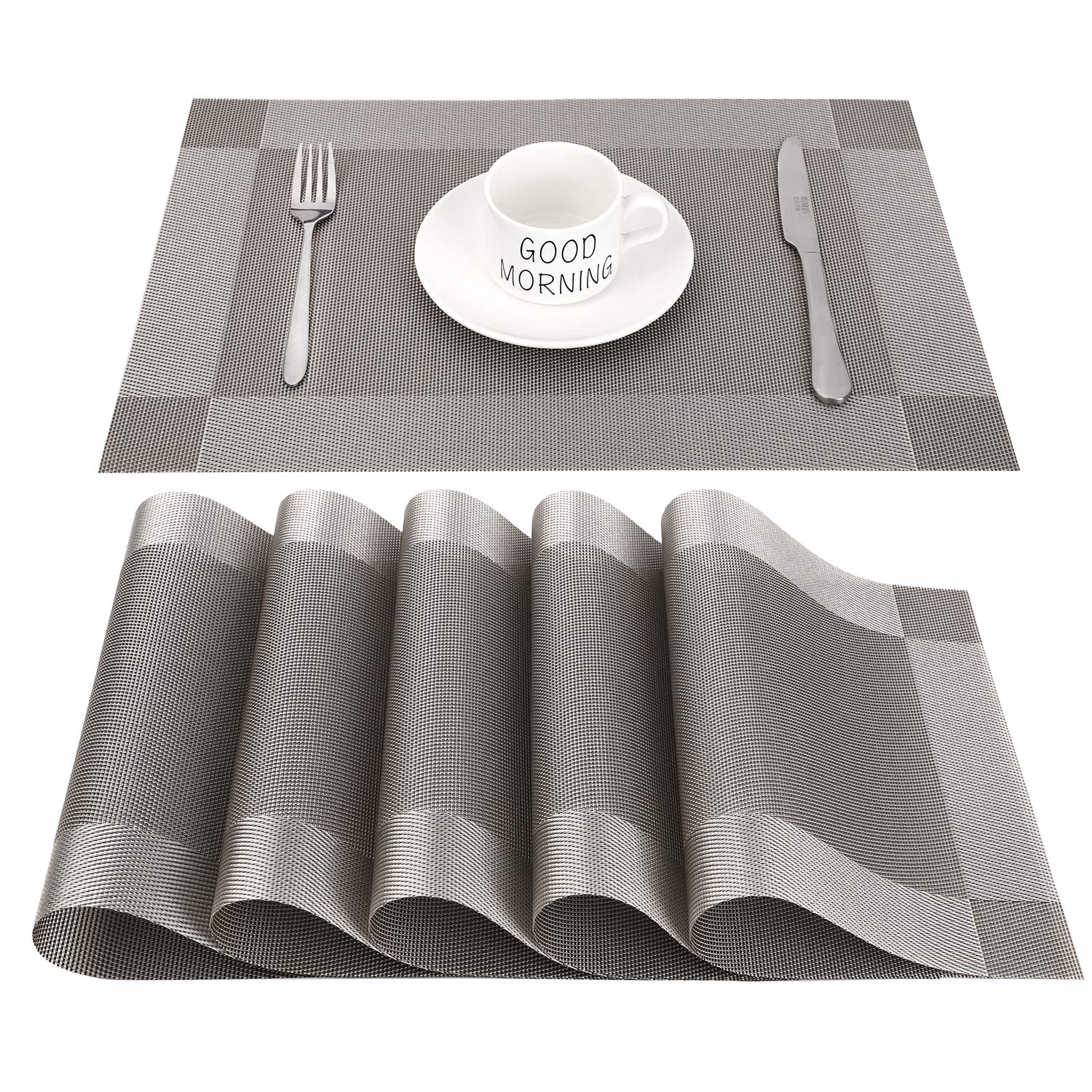 CHAOCHI Placemats set of 6,Easy to Clean Non-slip Heat Resistant Dining Table Mats,Washable Crossweave Woven Vinyl PVC Place mats,45CM x 30CM (Grey+Silver)