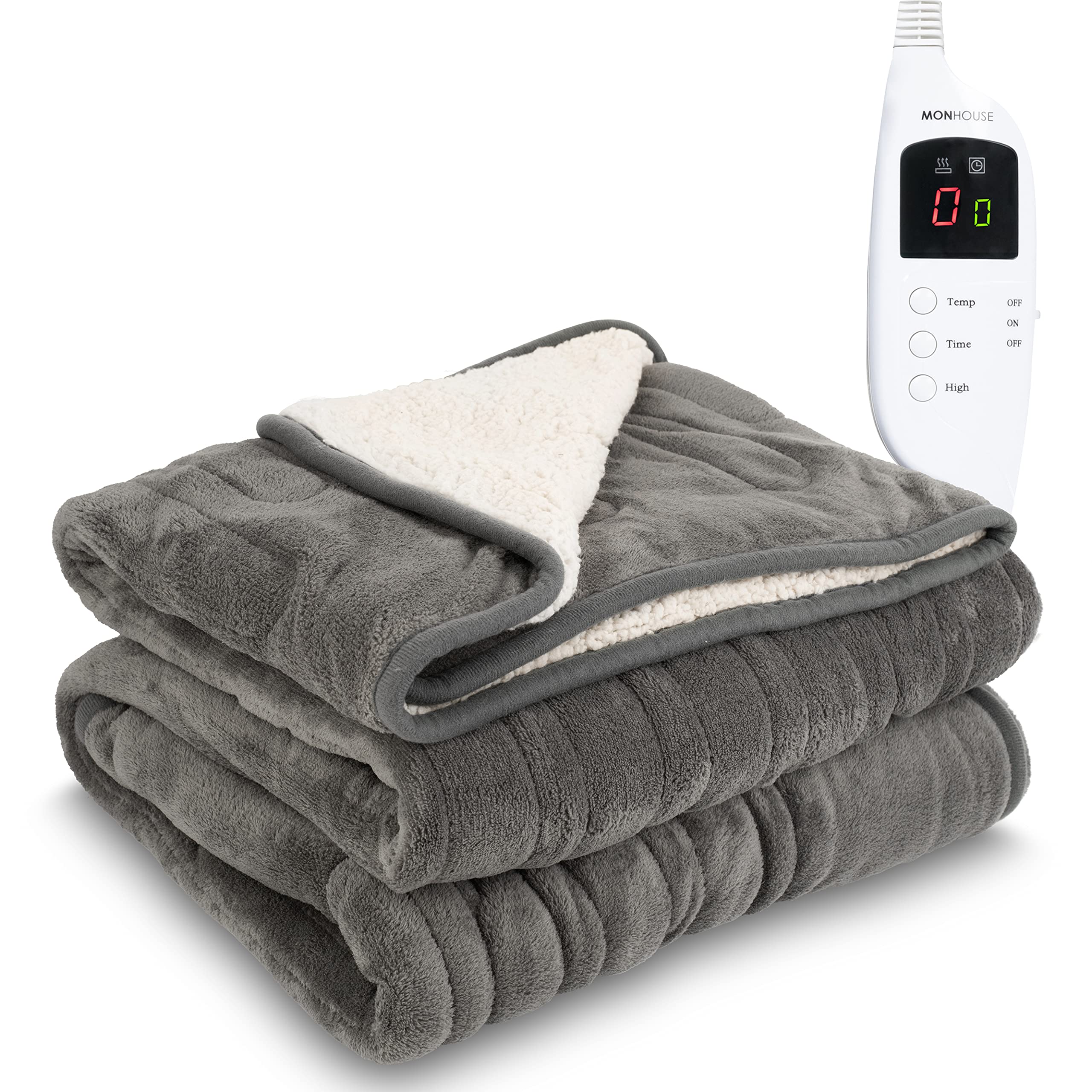 MONHOUSE Heated Throw - Electric Blanket - Digital Controller - Timer up to 9 hours, 9 Heat Settings, Auto Shutoff - Machine Washable - Double 150X200cm - GREY SHEARLING