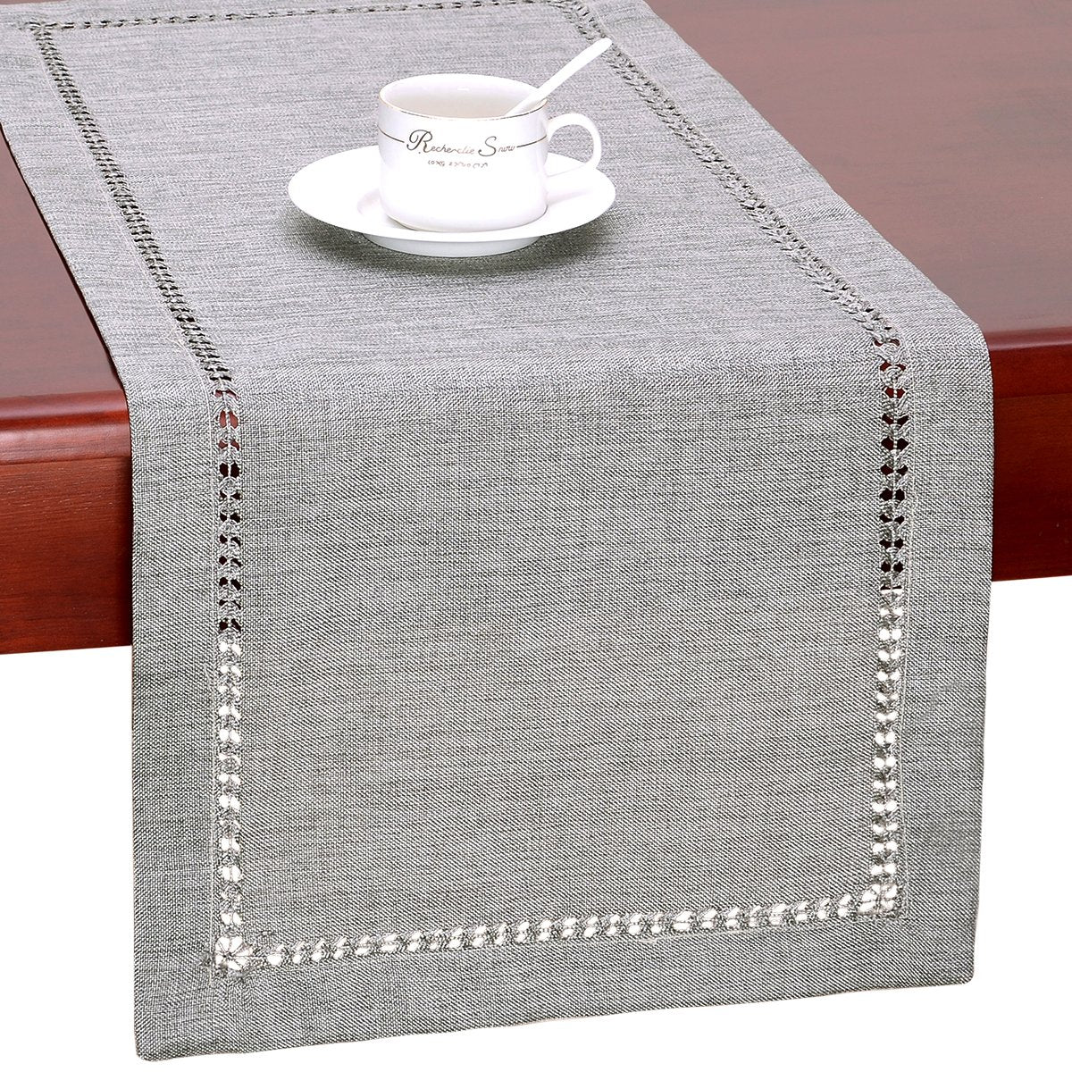GRELUCGO Handmade Hemstitch Gray Dining Table Runner Or Dresser Scarf,Rectangle 14 x 48 Inch