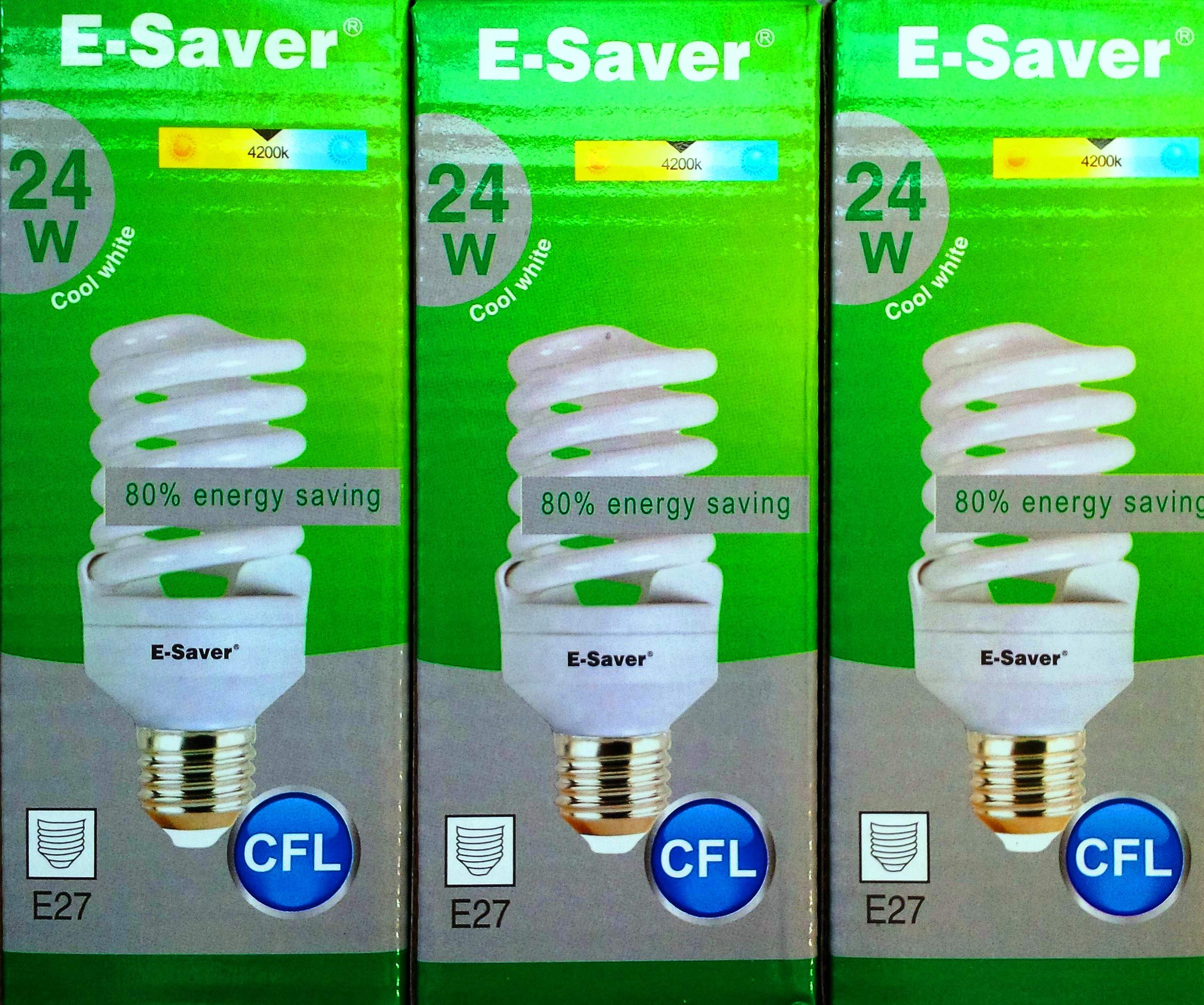 E-Saver - CFL Full Spiral - Energy Saving Light Bulbs -24w = 120 Watt - (Pack of 3) - 4200k Cool White Light Bulbs - Screw in Cap - Screw Edison (ES - E27 Bulb)