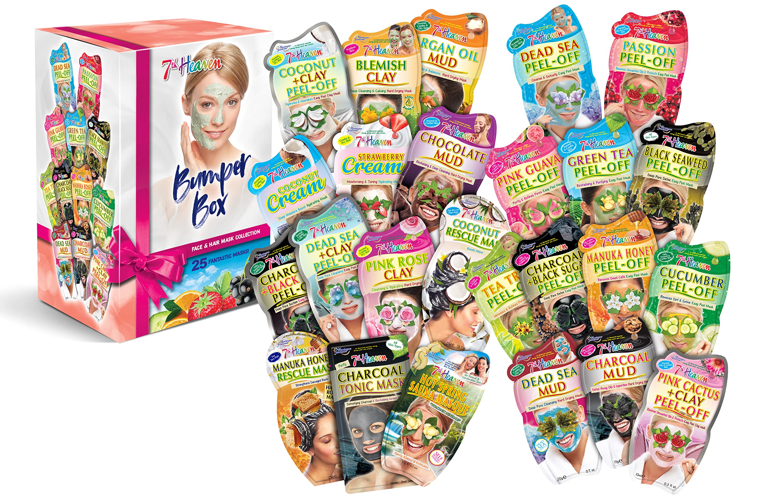 7th Heaven Bumper Box Gift Set - Contains a Variety of 25 Face Masks, Including Peel-Off Masks, Mud Face Masks and Hair Rescue Masques - Ideal for All Skin Types