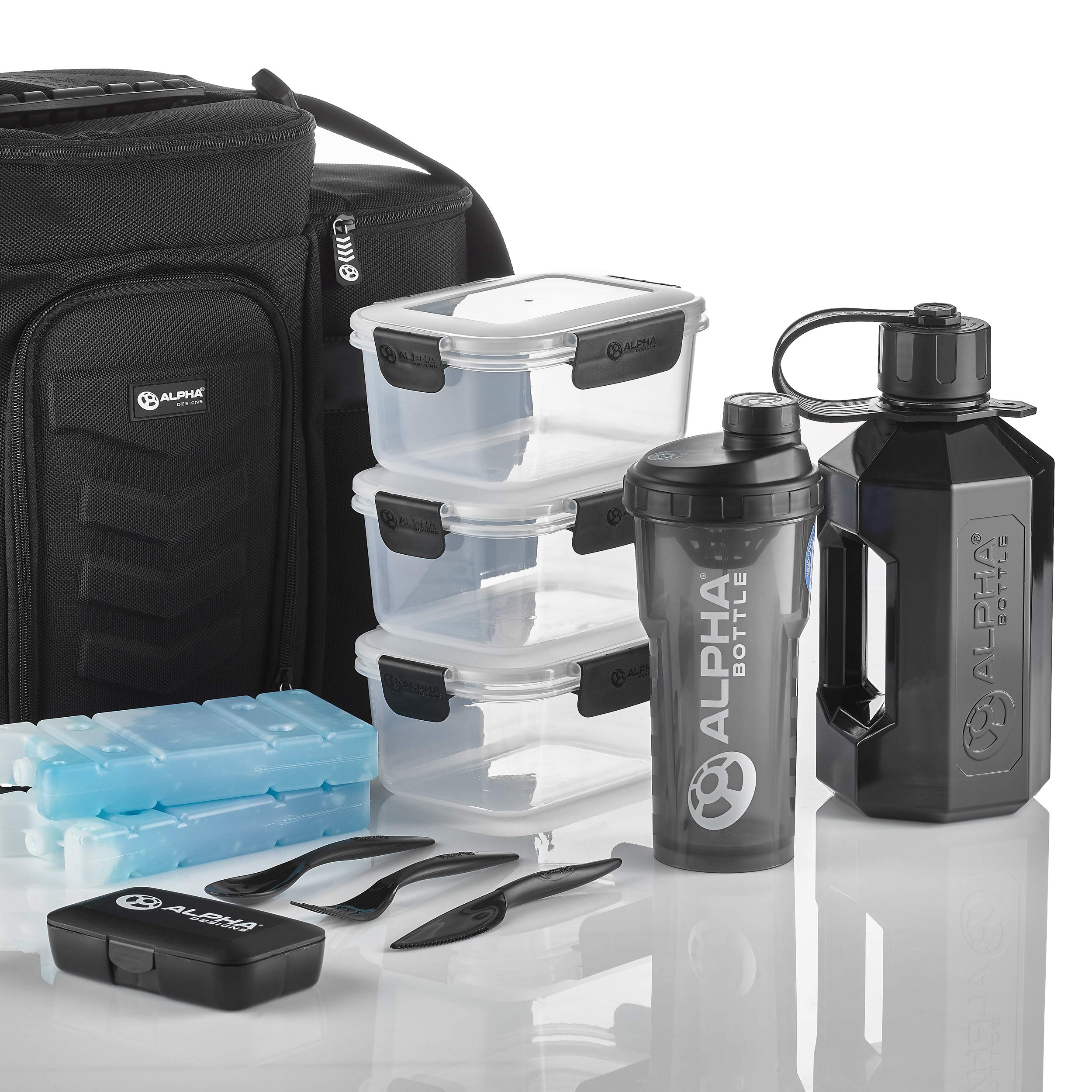 Alpha Designs Meal System - Fully-Loaded Insulated Meal Prep Bag with Alpha Bottle 750, Alpha Bottle XL, Pill Box, Cutlery, 2 x Ice Packs and 3 x Leak-Proof Boxes