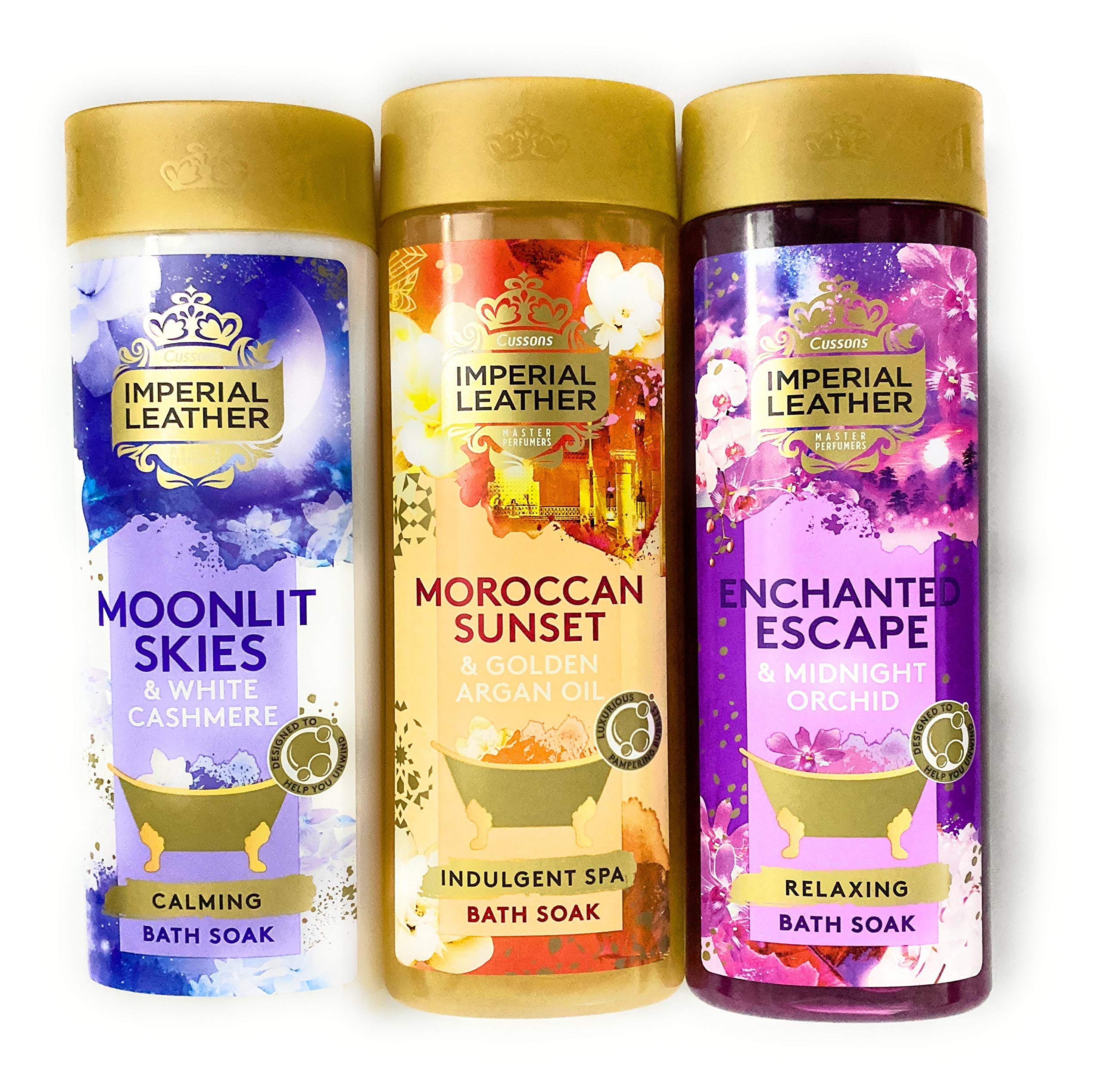 Imperial Leather Bath Soak Set 3 x 500ml. Enchanted Escape & Midnight Orchid - Relaxing, Moroccan Sunset & Argan Oil - Indulgent Spa and Moonlit Skies & White Cashmere - Calming
