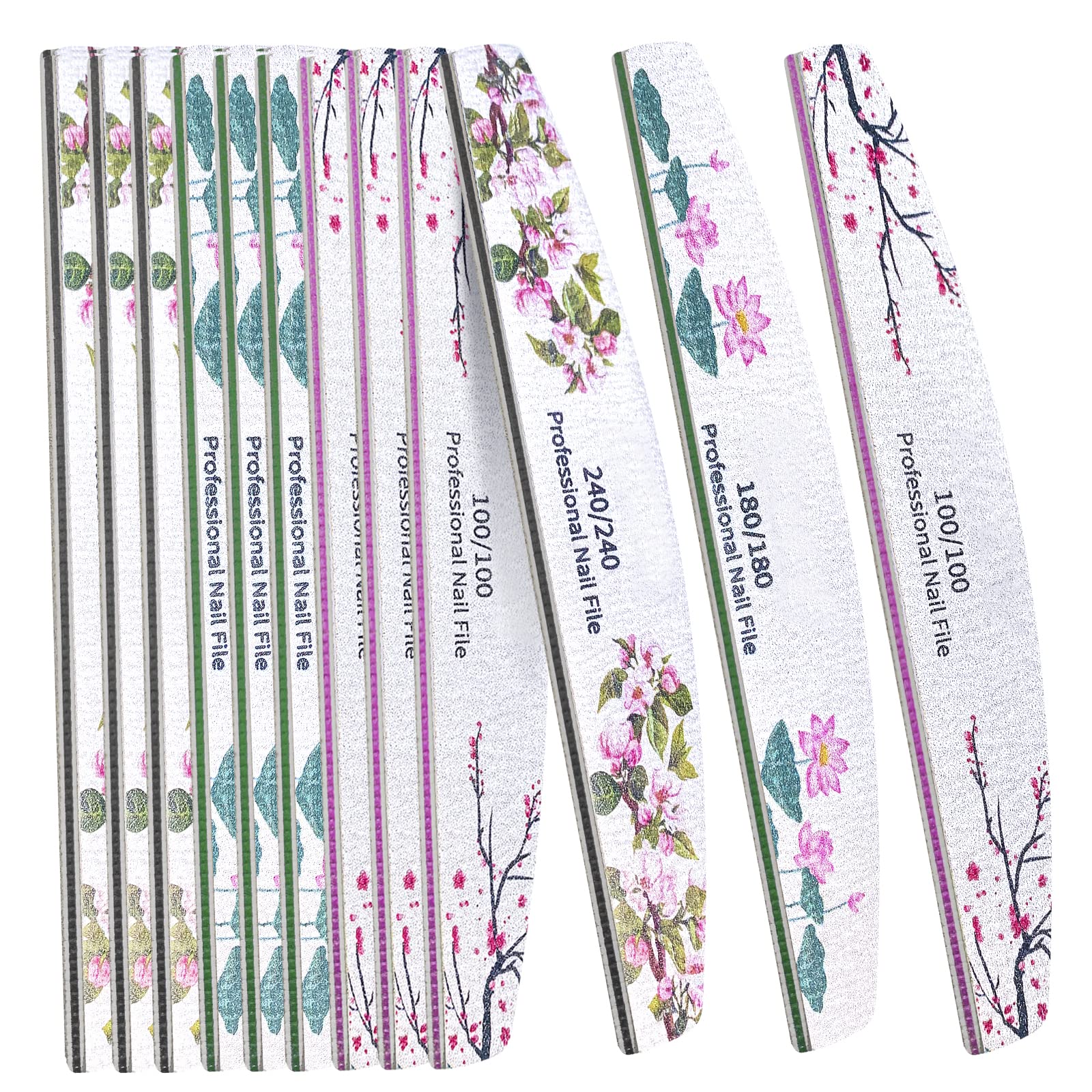 12 PCS Professional Nail Files 100 180 240 Grit, Four of Each, Nail Buffer Files Double Sided Emery Board Manicure Tools for Home and Salon