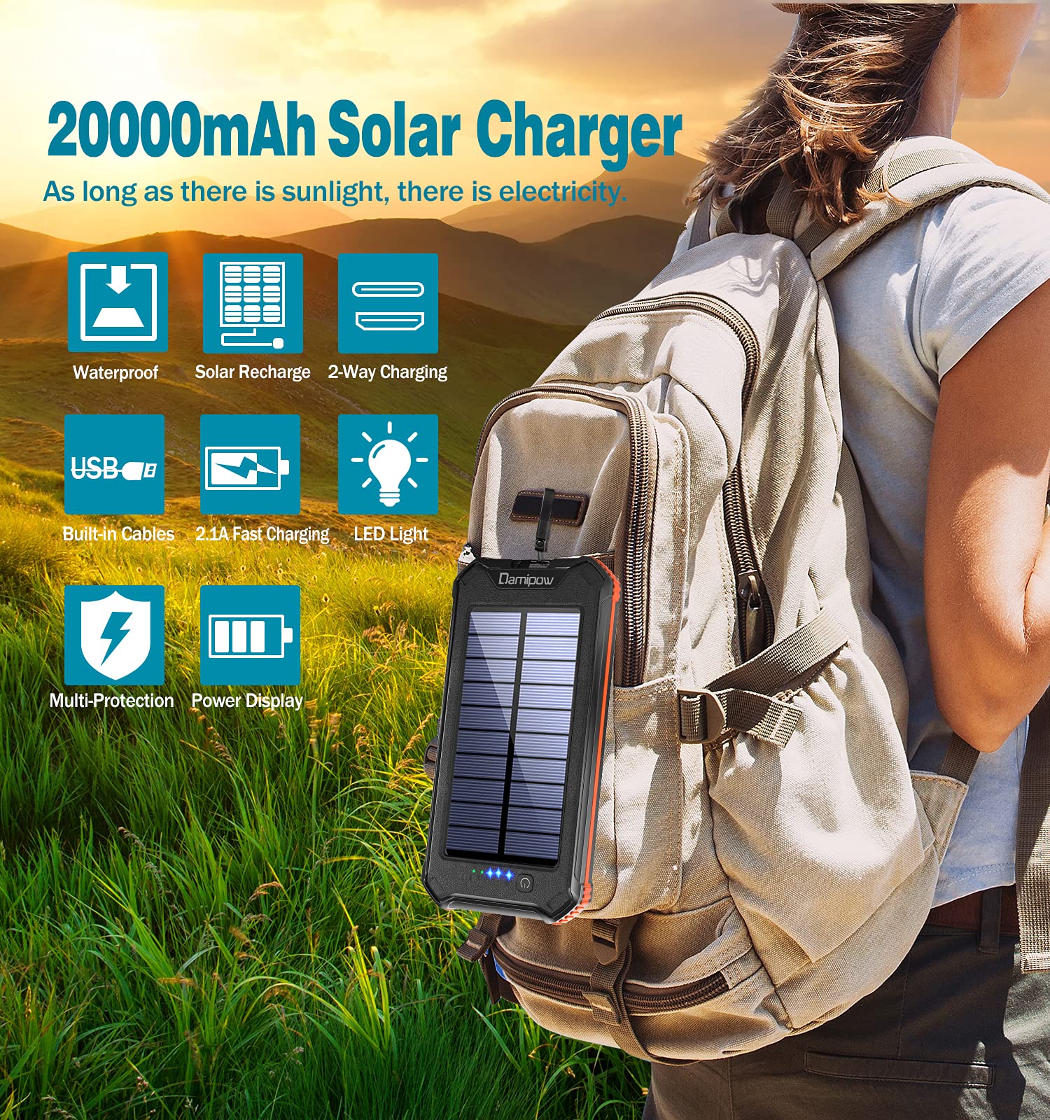 Solar Power Bank 20000mAh Built-in USB B & Type C Cables, Damipow Solar Charger External High Capacity Battery Pack with 3 Outputs, 2 Inputs, LED Flashlights Compatible All Cell Phones, IOS, Android