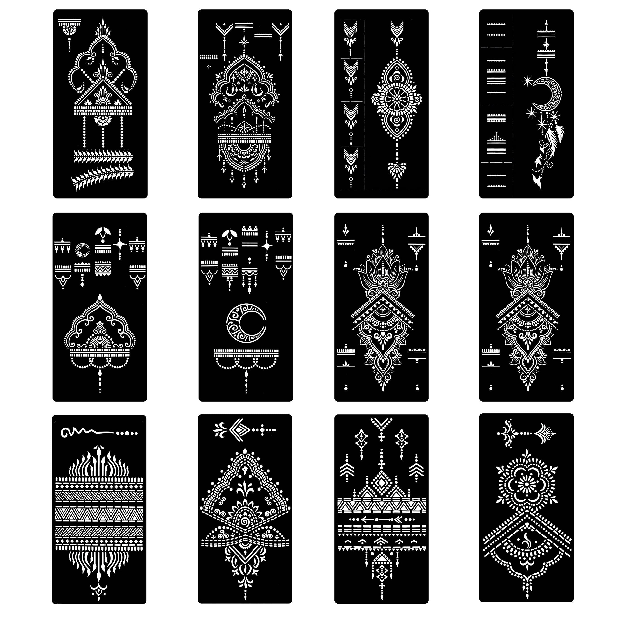 12 Sheets Henna Tattoo Stencils Set, Hand Temporary Tattoo Temples, Reusable Indian Arabian Tattoo Stickers Stencils Body Art for Women Hands