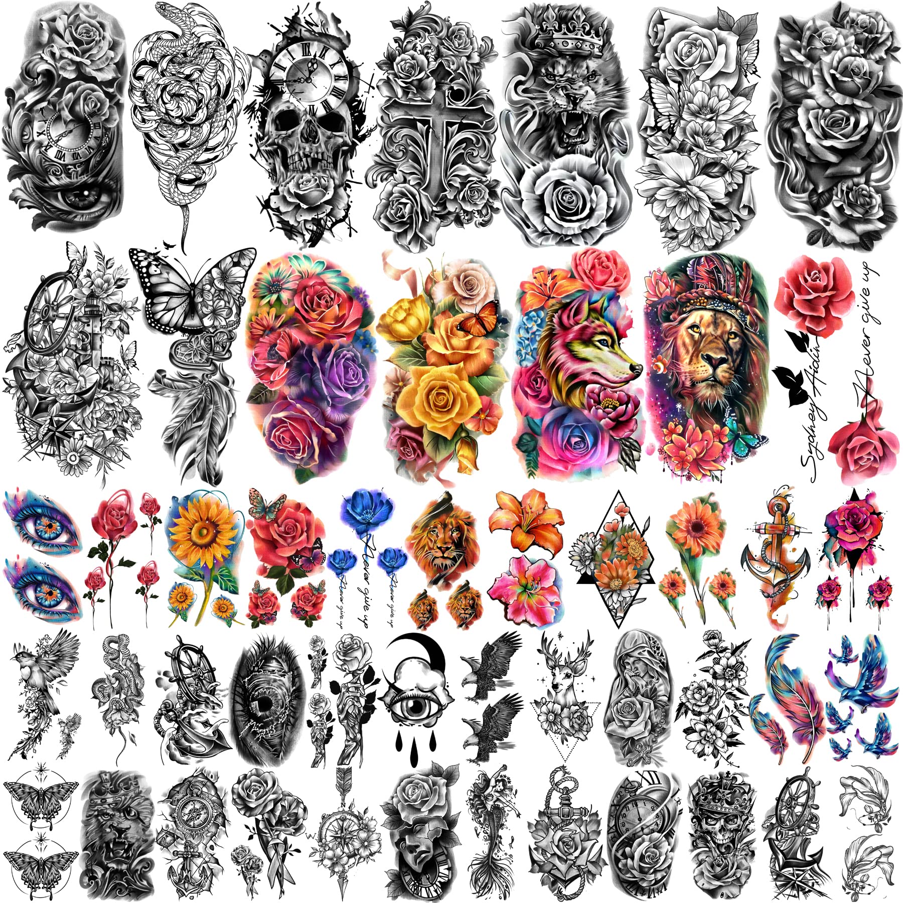 Metuu 49 Sheets Black Half Sleeve Waterproof Temporary Tattoo for Adult Men and Women, 3D Flower Animal Fake Tattoo Stickers for Teen Girls Body Hand Shoulder Chin Neck