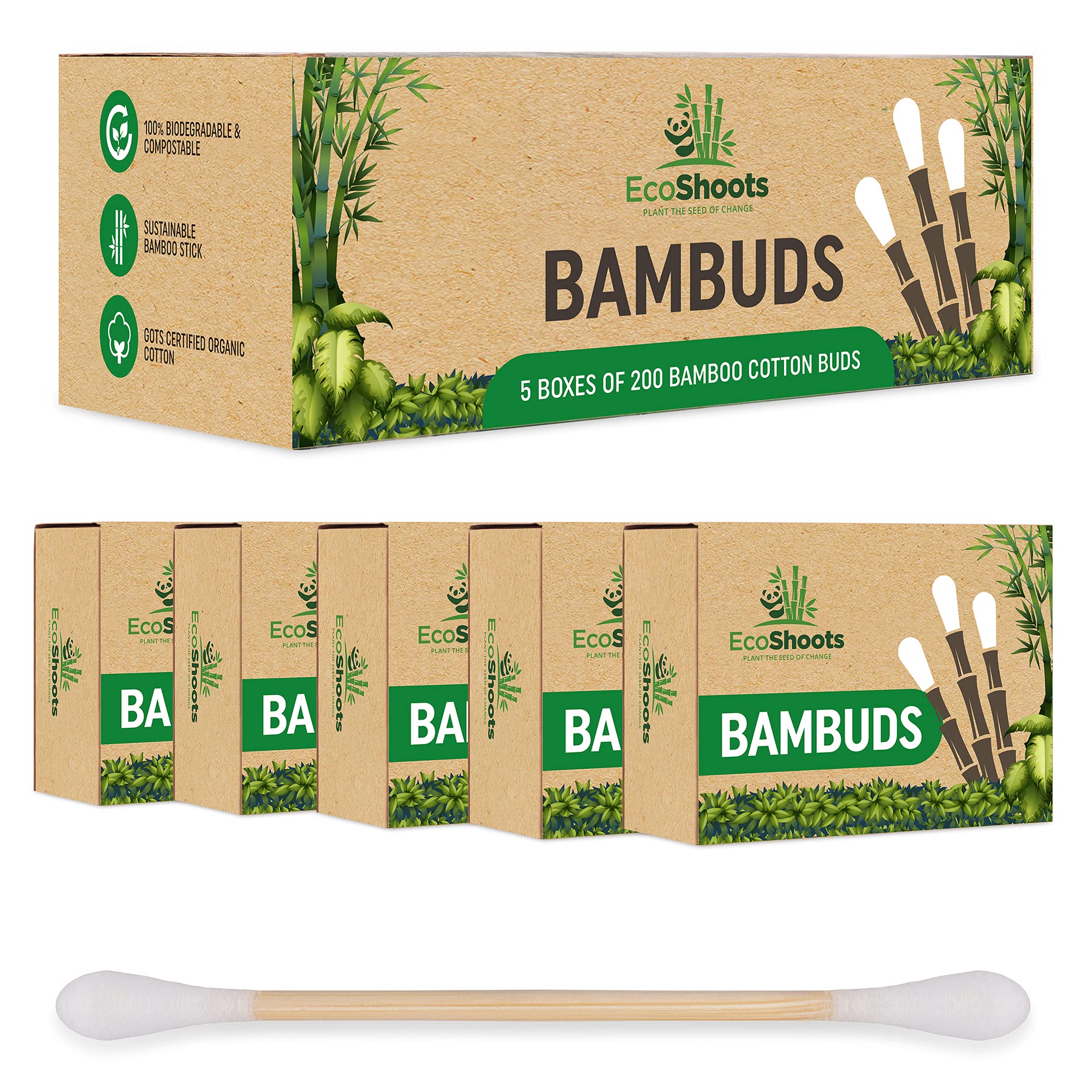 EcoShoots 1000 Bamboo Cotton Buds | Value Pack of 5x200 Organic Bambuds | Recycled Plastic Free Packaging | GOTS Certified Organic Bamboo Earbuds | Biodegradable & Compostable