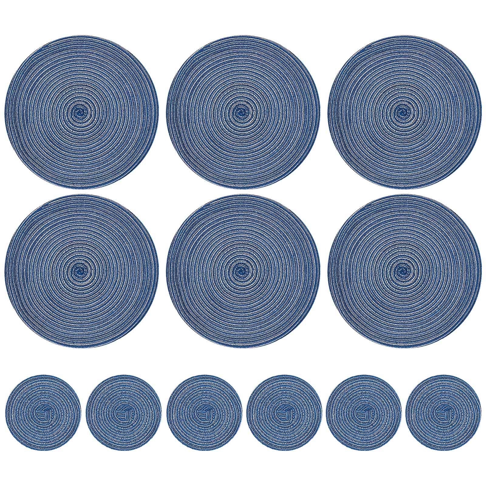 Cerolopy 12Pcs Round Place Mats/Coaster Set, Durable and Insulation Nordic Style Hemp Cotton Threaddining Table Placemats, Non-Slip&Washable 12 Inch Table Mats and 4 Inch Coasters(Blue)