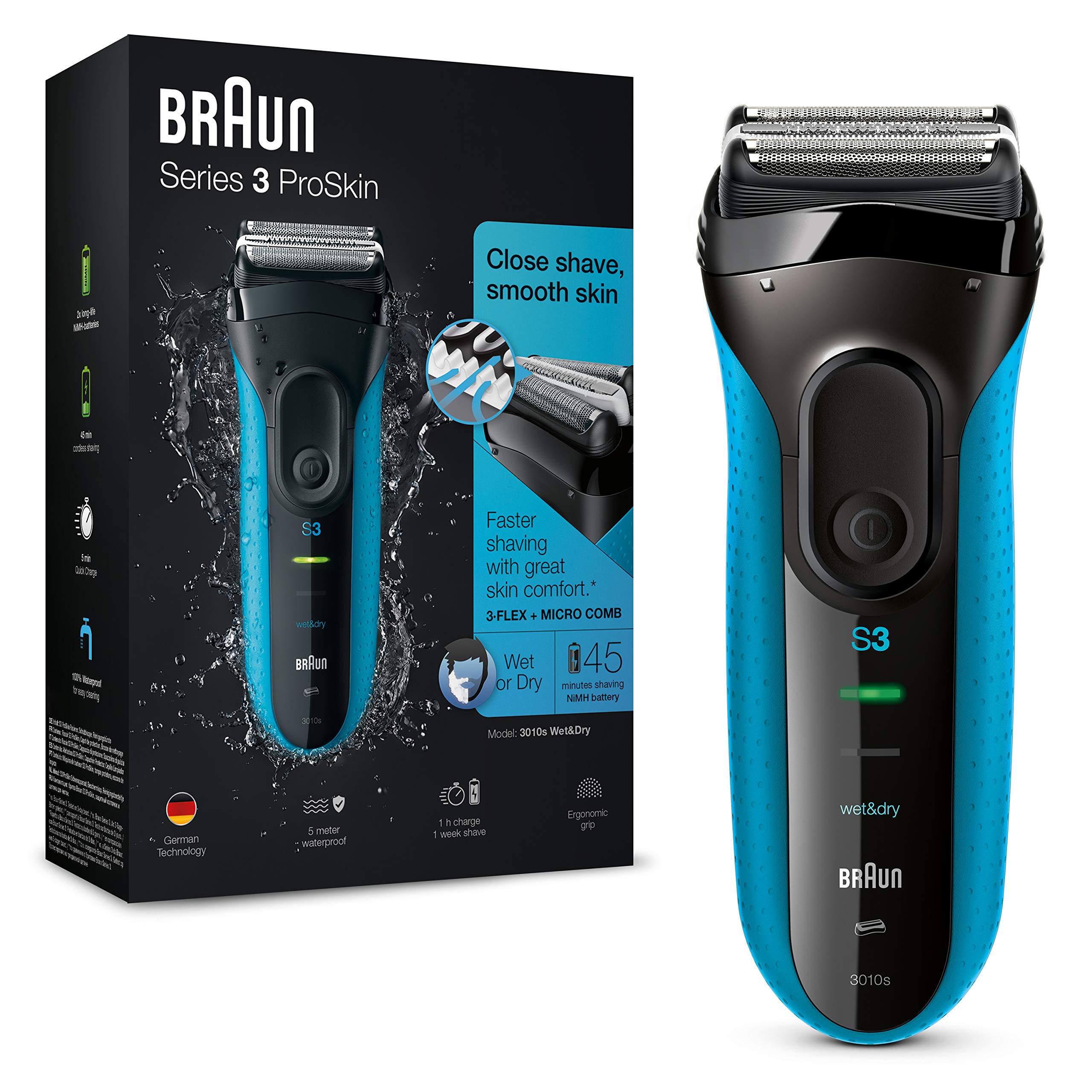 Braun Series 3 ProSkin Electric Shaver, Electric Razor for Men With Precision Head, Cordless, Wet & Dry, 2 Pin Bathroom Plug, 3010s, Black/Blue Razor