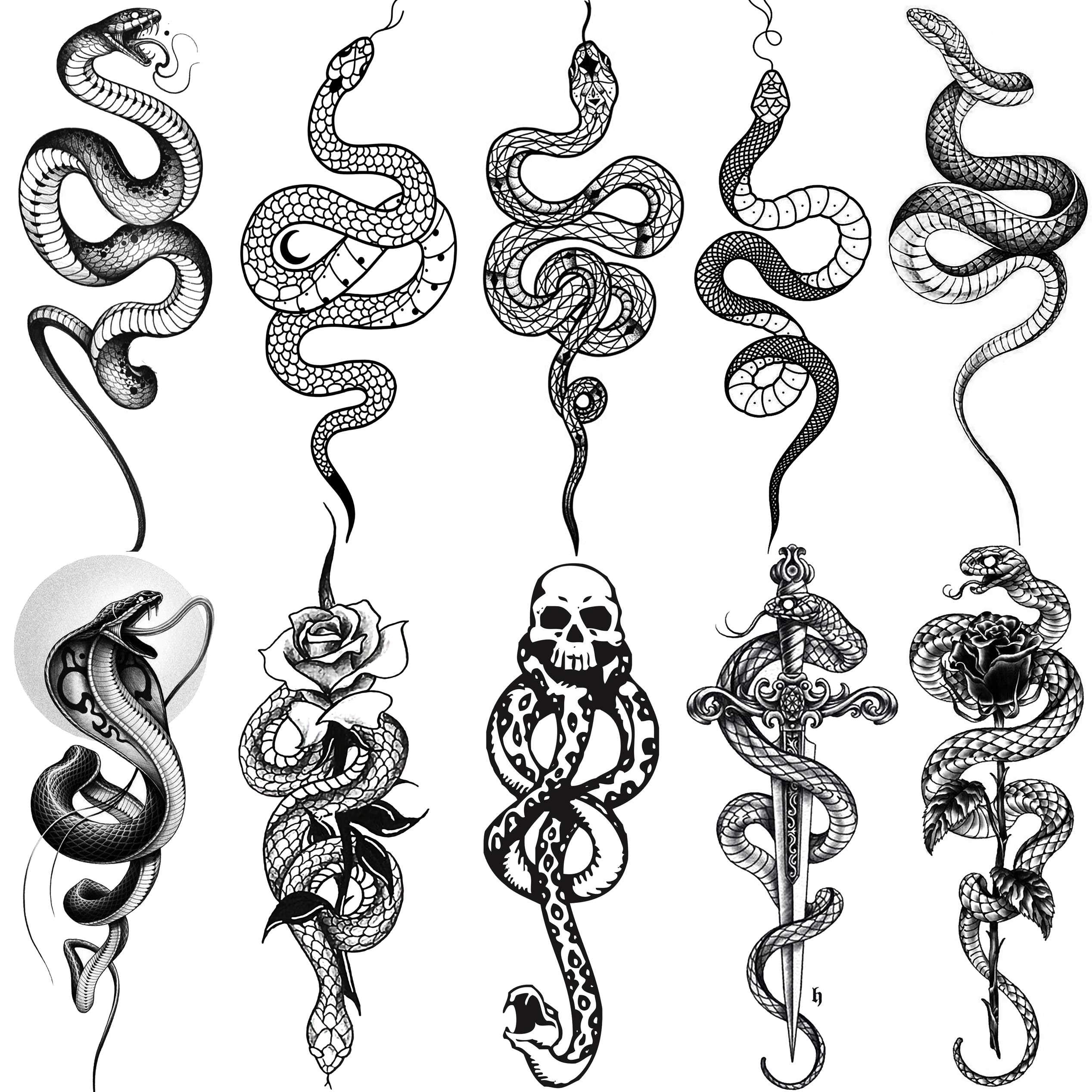 10 Sheets Geweir Realistic Snake Temporary Tattoos For Women Men Adults Arm, Sexy 3D Tribal Serpent Tattoos Temporary, Kids Fake Tattoos Black mamba Viper Design Tatoo Rose Flower Forearm Swords