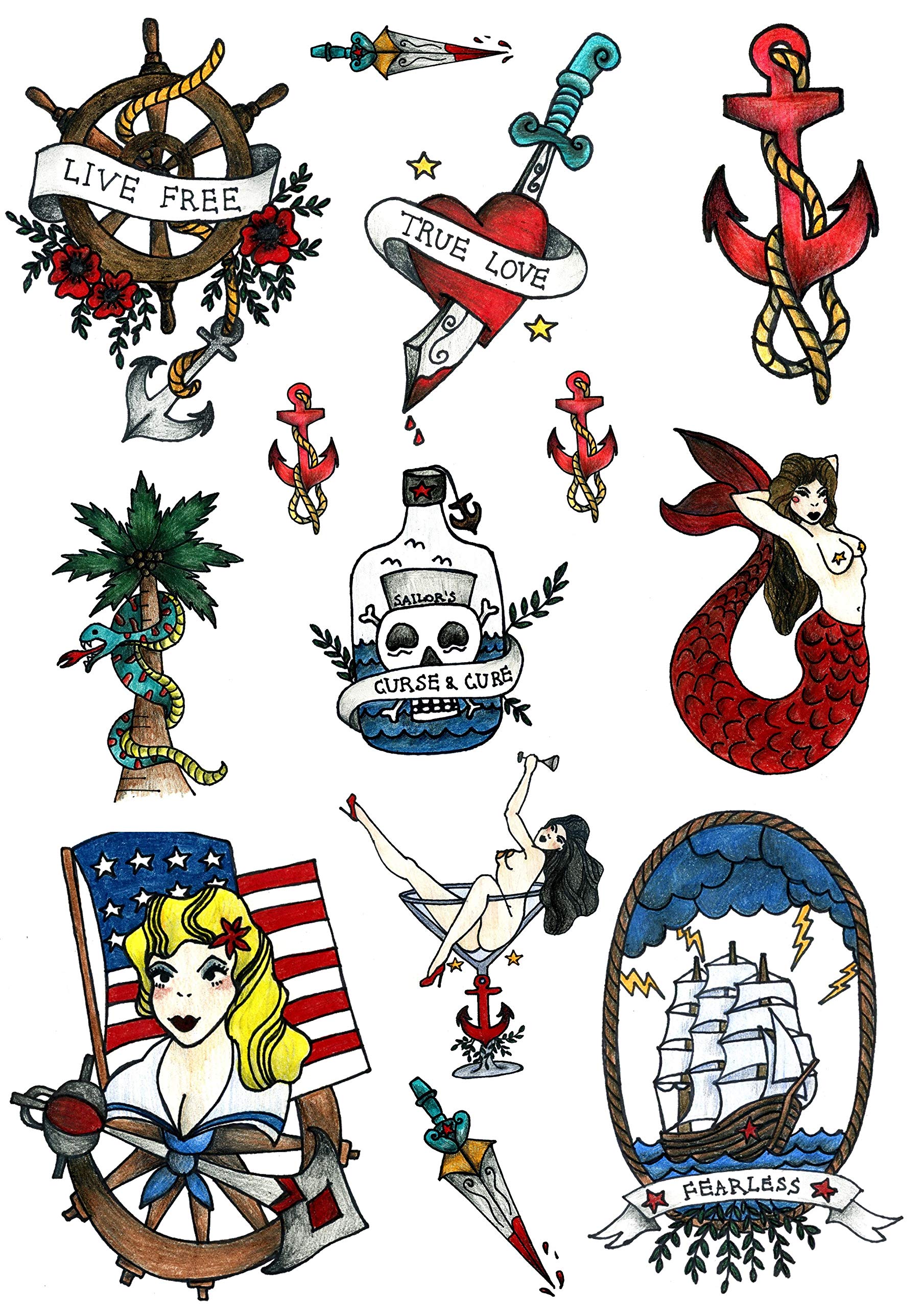 Sailor Seaman Marine Temporary Tattoo Set by Tatsy, Original Cool Unique Oldschool Design, Party Fun Tattoos, Fake Tattoo Body Art Cover Up for Men