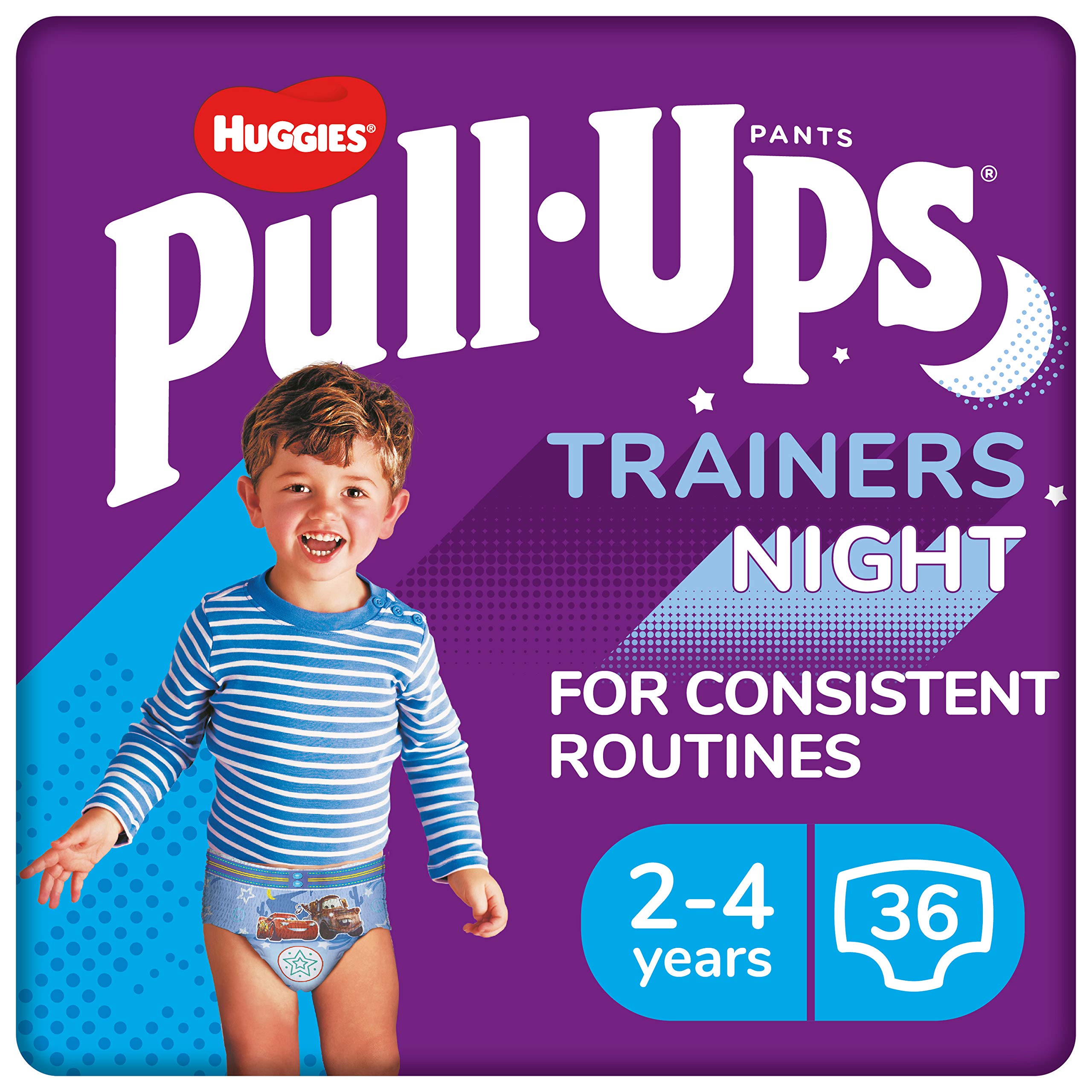 Huggies Pull-Ups, Trainers Night Nappy Pants for Boys, 2-4 Years - Size 6-7 Pull Up Nappies (36 Pants) - Extra Night Time Protection - Support for Consistent Potty Training Routines
