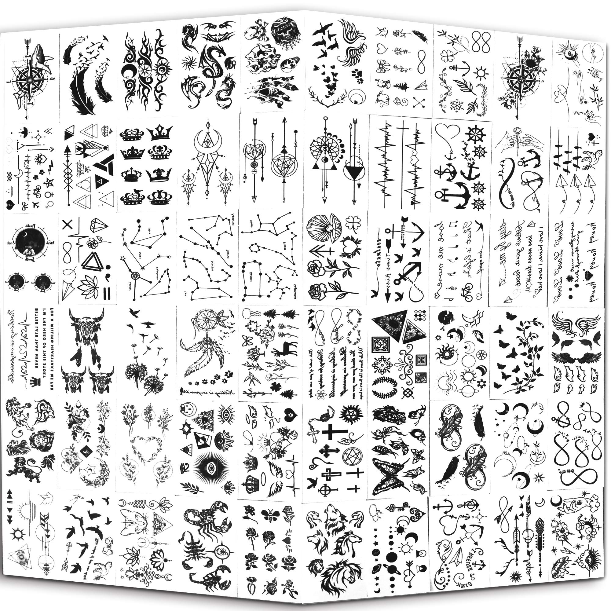 Yazhiji Tiny Waterproof Temporary Tattoos - 60 Sheets, Moon Stars Constellations Music Compass Anchor Words Lines Flowers for Kids Adults Men and Women