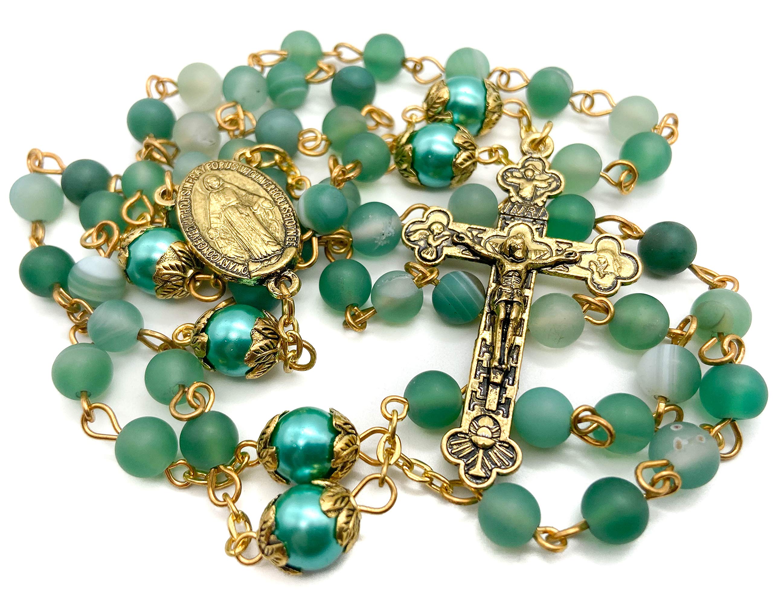 Nazareth Store Catholic Gold Rosary Necklace Matte Stone Beads Green 10mm Pearl Round Beads Miraculous Medal & Cross - Velvet Bag
