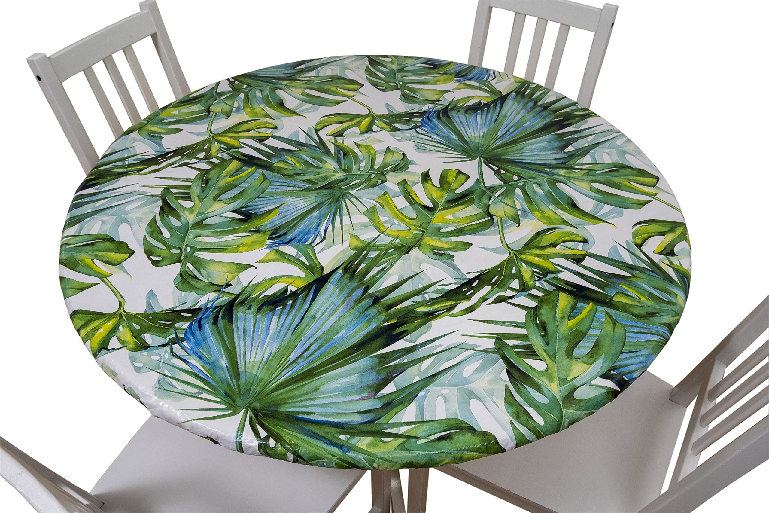 Mayellie Elastic Edged Vinyl Fitted Tablecloth, Flannel Backed & Elastic Edge, Indoor - Outdoor Round Fitted Vinyl Oil & Waterproof Wipeable, Flowers Pattern (40'' to 44'', Monstera)