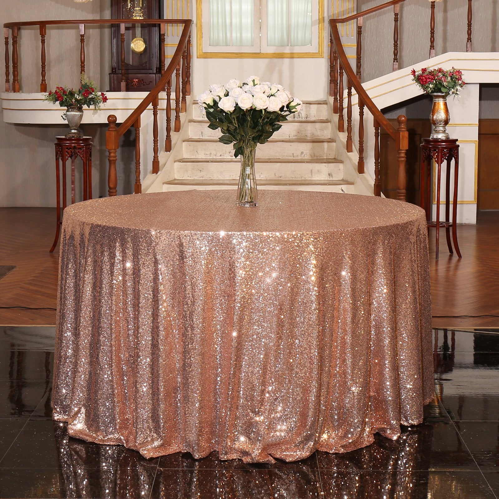 3E Home 127cm(50" inches) Round Tablecloth Rose Gold Sequin Table Cloth Wedding Party Sequin Table Cloth Round Glitz Rose Gold Tablecloths Gauze Sparkly Decoration