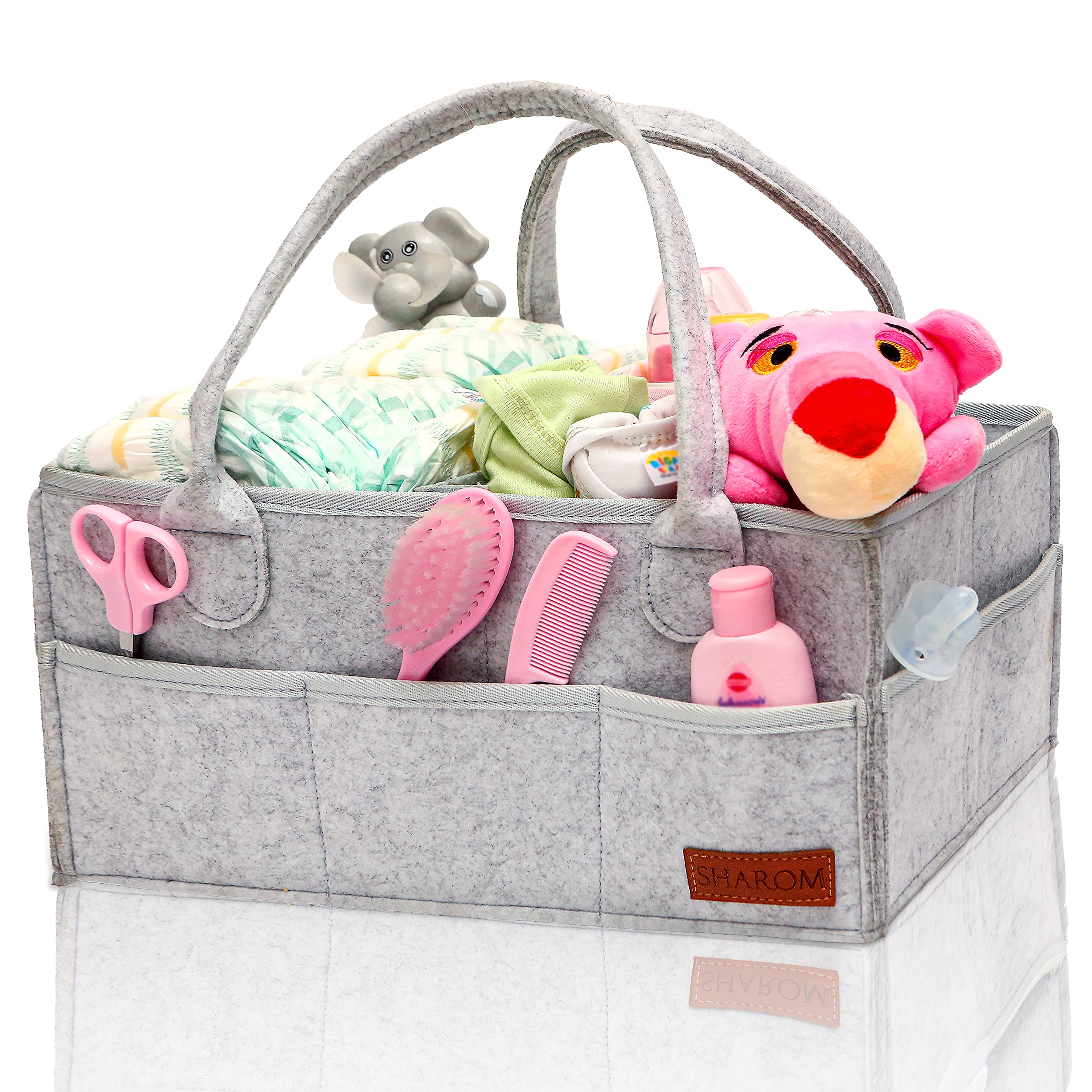SHAROM Nappy Caddy Organiser - Sturdy 3mm Thick Portable Baby Diaper Bag for Storage - Easy to Carry Nursery Basket for Wipes and Newborn Essentials, Grey Felt