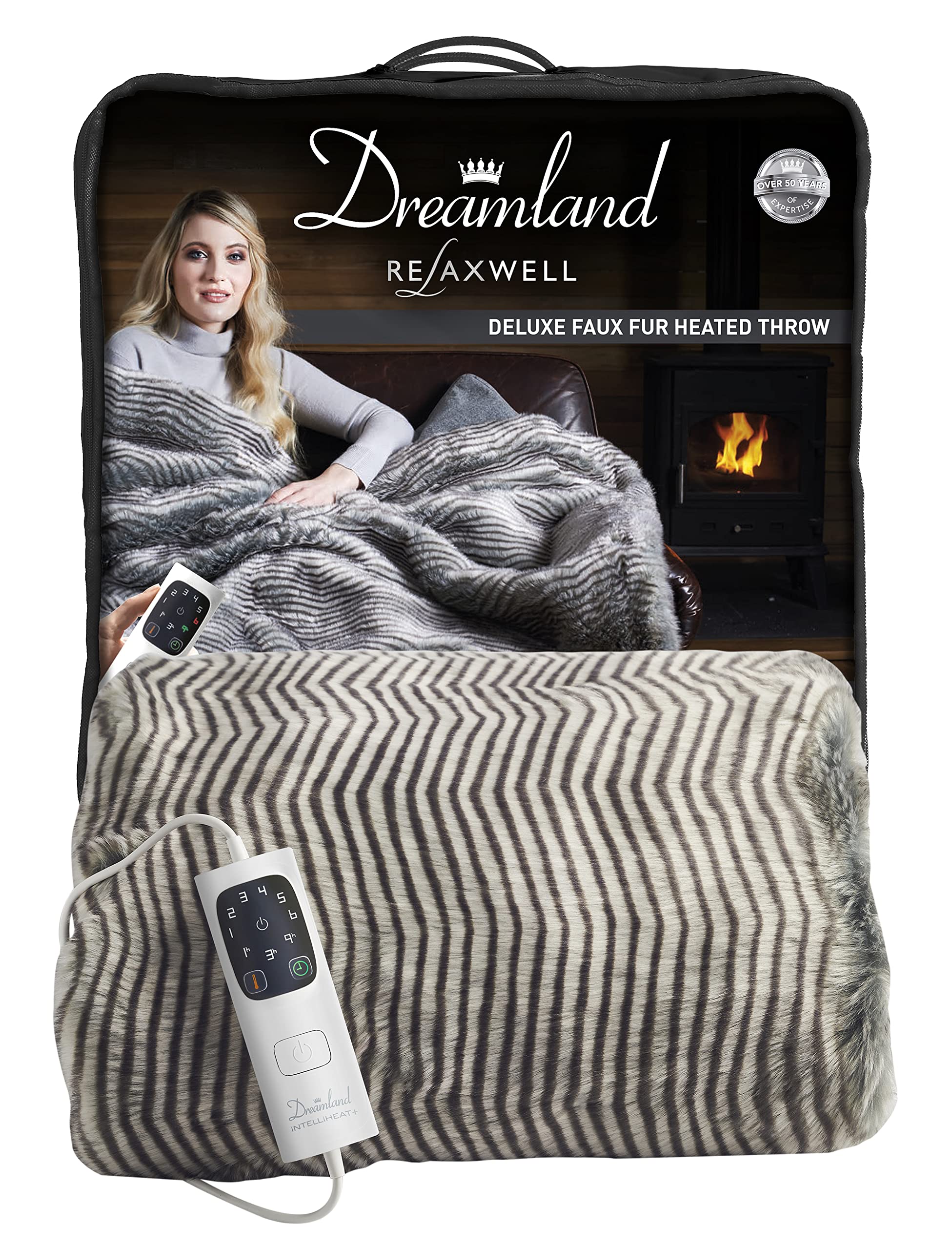 Dreamland Intelliheat Deluxe Zebra Heated Faux Fur Intelliheat+ 5 Minute Fast Heat Electric Throw, 120x160 cm, 1 Control, 6 Temperature Settings, Timer, Machine Washable and Tumble Dry Safe