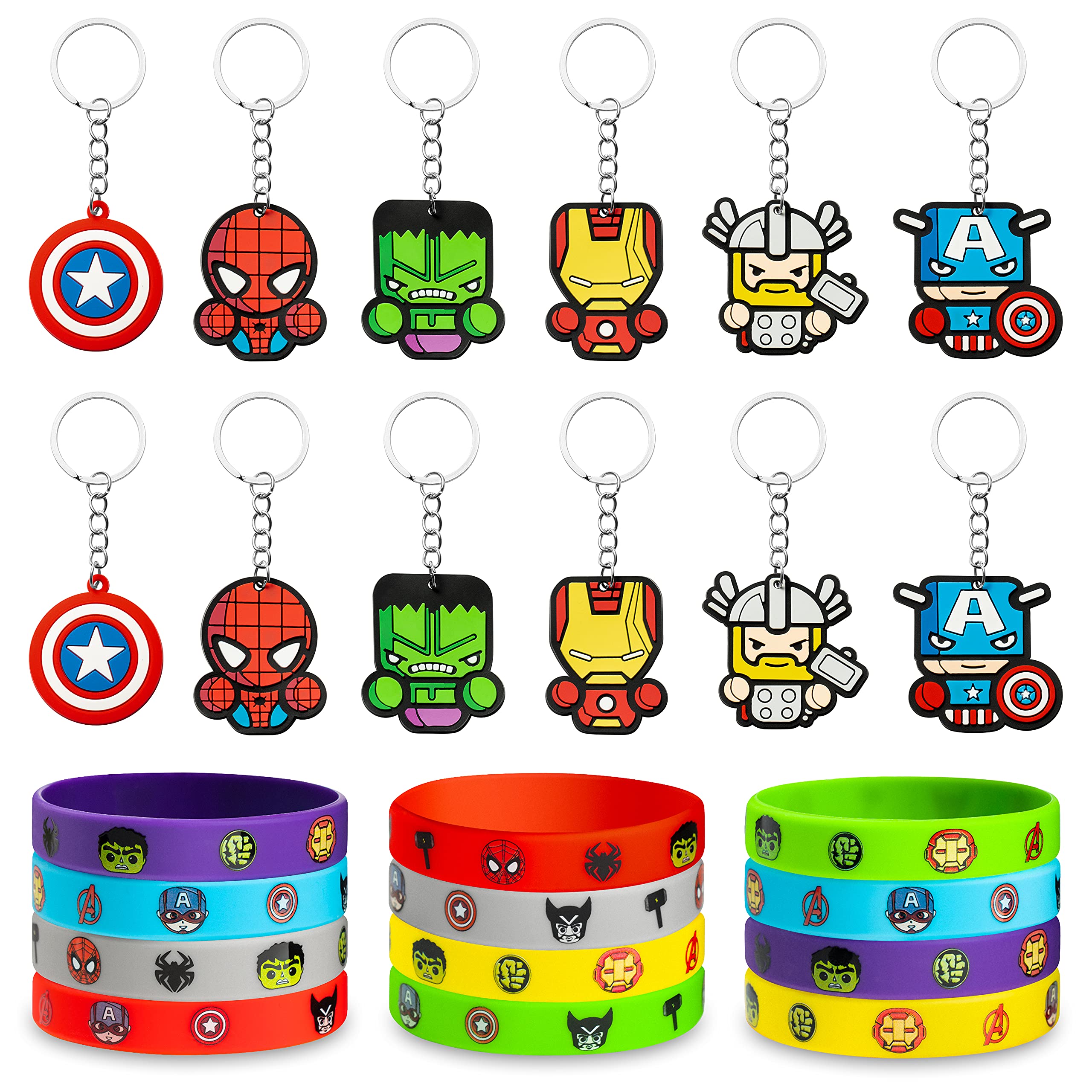 6sisc 24Pcs Superhero Bracelets & Keychains Marvel Avengers Themed Party Favors Set for Carnival Game Prizes Colored Silicone Wristbands Movie Character Rubber Key Chains Supplies for Birthday Party
