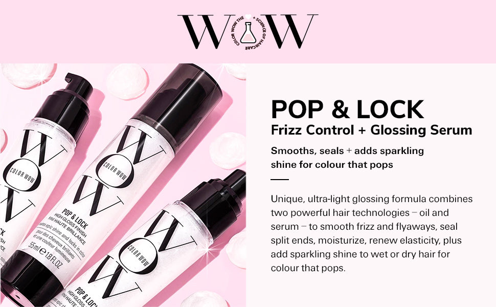 Color Wow Pop + Lock Frizz Control + Glossing Serum – Anti-frizz serum with heat protection; Seals split ends; Moisturises; Silkens and shines dull, dehydrated hair