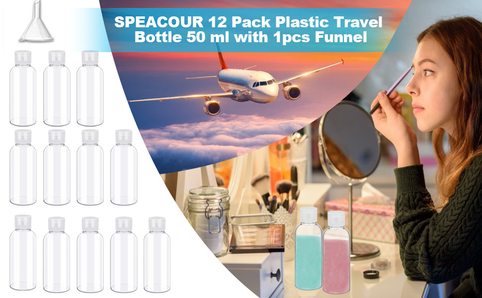 SPEACOUR 12 Pcs Clear Travel Bottles 50ml Transparent Flip Cap Bottles Refillable Empty Travel Containers Bottle Plastic Lotion Bottle with Small Funnel for Shampoo, Conditioner, Lotion, Toiletries