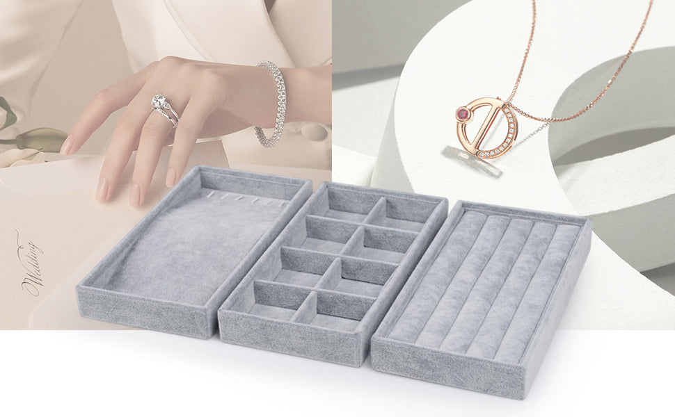 Oirlv Velvet Necklace Display Organiser Stackable Jewelry Tray Grey Jewelry Holder Storage Gift Necklace Bracelet Anklet Display Storage Holder Jewellery Storage Box Case Organiser