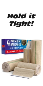 Premium Compression Bandage - Pack of 4 - (2 x 10cm & 2 x 15cm) - Self-Closing Elastic Bandage Wrap - Latex Free - Washable & Reusable
