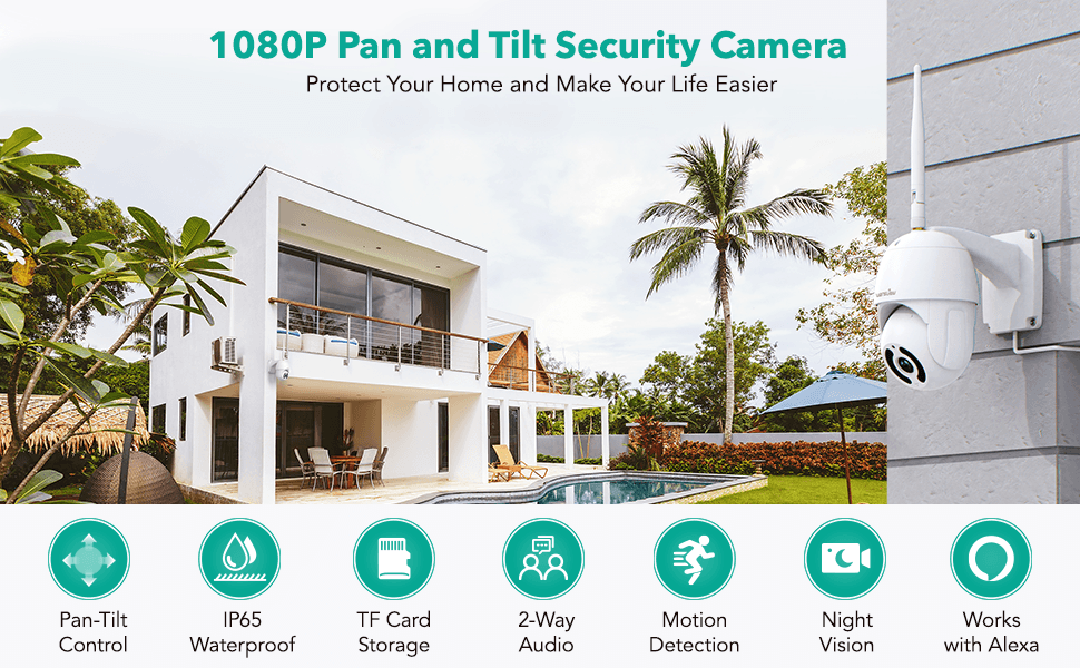 Security Camera Outdoor,Wansview 1080P Pan-Tilt Surveillance Waterproof WiFi Camera,Night Vision, 2-Way Audio,Motion Detection,SD Card Storage& Cloud Storage and Works with Alexa W9