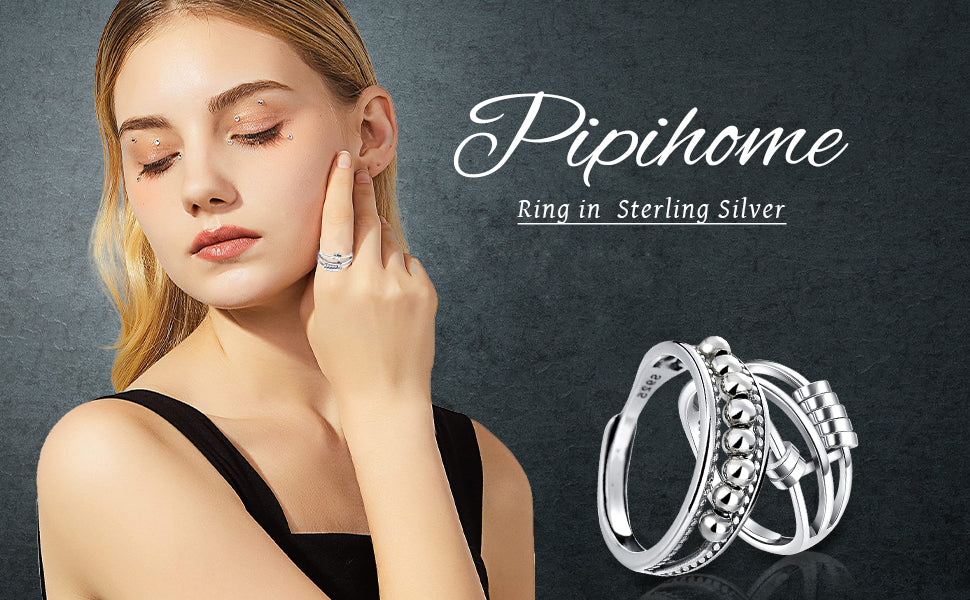 Pipihome 925 Sterling Silver Anxiety Ring Spinner Rings for Women Men Retro Adjustable Fidget Band Rings Peace Rings for Anxiety Stress Reliever Wedding Promise