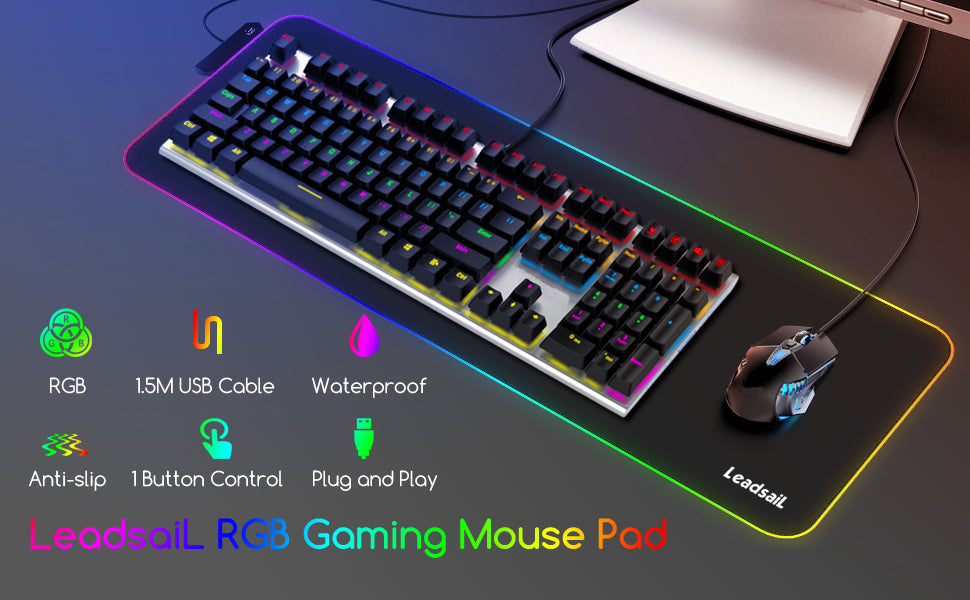 LeadsaiL Large RGB Gaming Mouse Mat 800*300*4mm with 12 Light Modes Extended Large Size Luminous Mousepad, Non-slip Rubber Base, Spill-Resistant Glowing LED Keyboard Mouse Mat for Laser/Optical Mice
