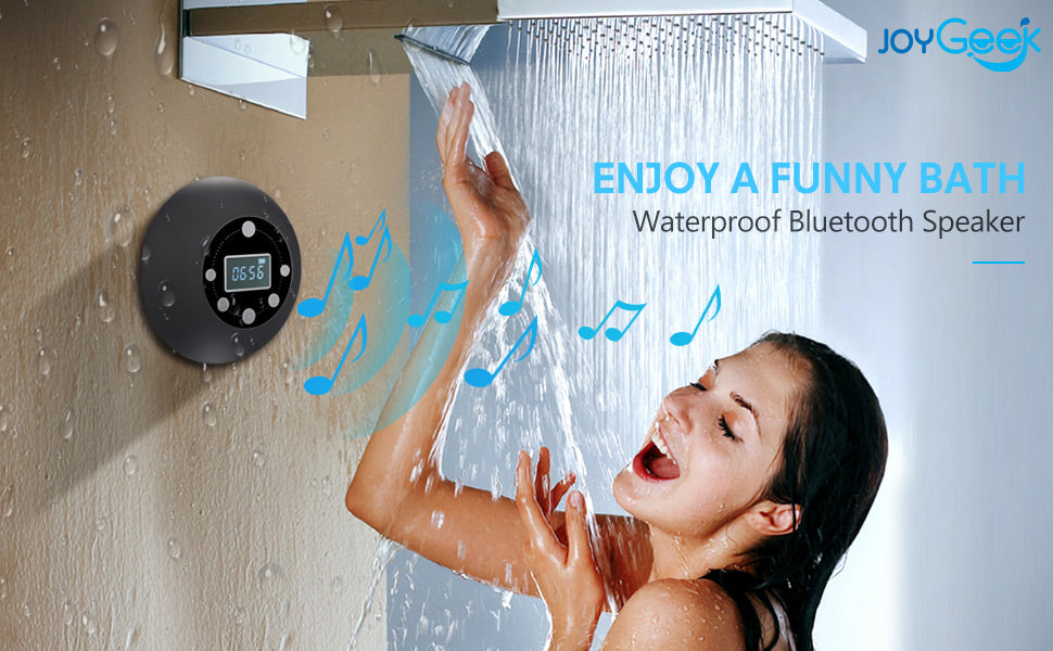 Shower Radio Bluetooth Speaker 5.0, JoyGeek Waterproof Wireless Bathroom Music with Suction FM Microphone Hands-Free Calling 10 Hours LCD Clock Display SD Card Play for iPhone iPad Samsung