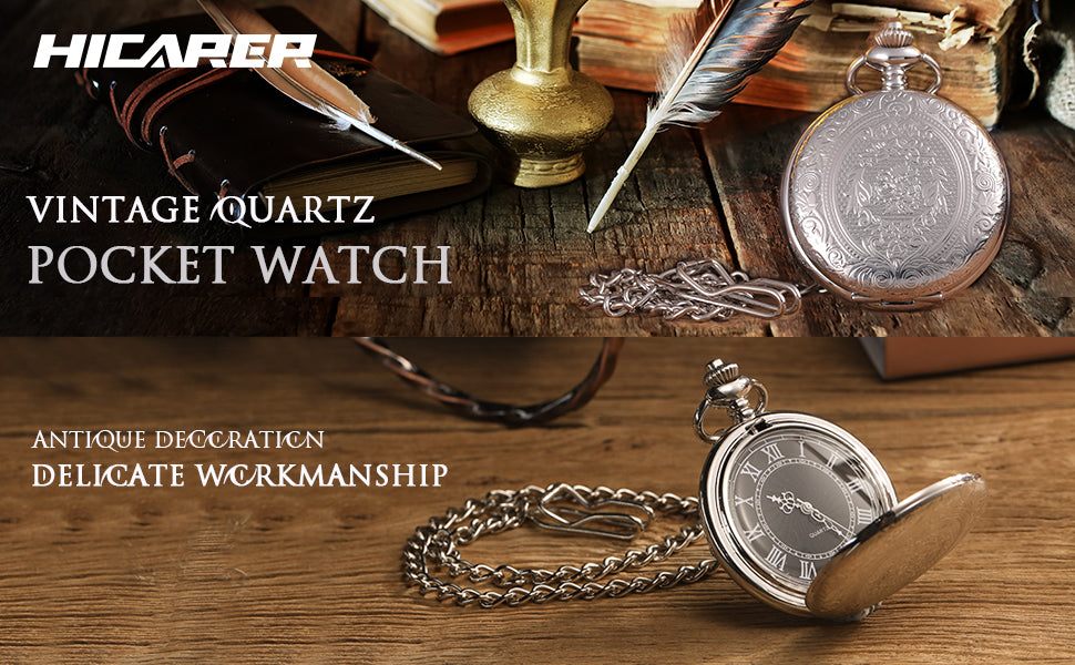 Quartz Pocket Watch for Men with Black Dial and Chain