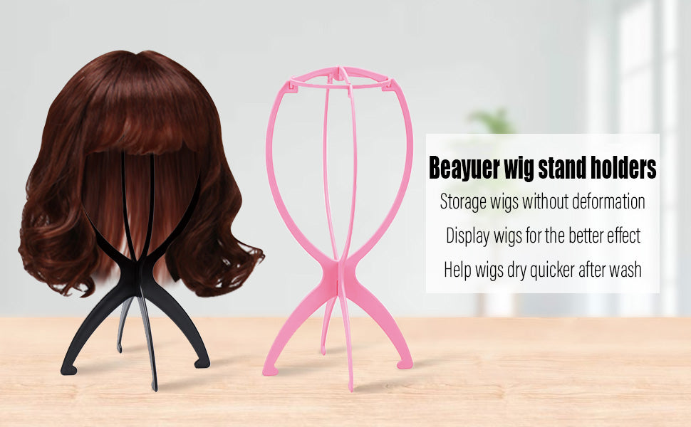 Beayuer 2 Pack Wig Stands for Wigs Durable Plastic Folding Wig Holder Portable Collapsible Wig Dryer Travel Short Hair Extensions Stands (Black, 14 Inch)
