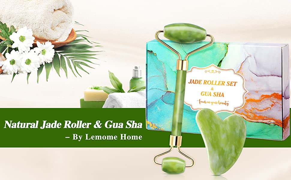 Jade Roller - Face Roller, Natural Gua Sha Massage Set for Eye Puffiness Treatment, Skin Tightening, Rejuvenates Face Skin and Diminishes Double Chin & Wrinkle, Green