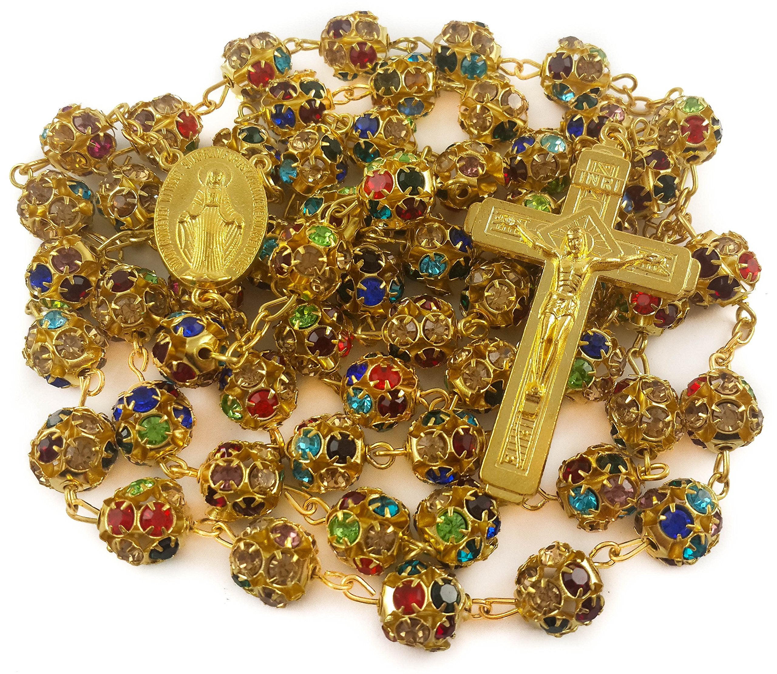 Nazareth Store Multicolor Crystal Zircon Beads Golden Rosary Catholic Colorful Bead Necklace Miraculous Medal Cross, Velvet Bag Case