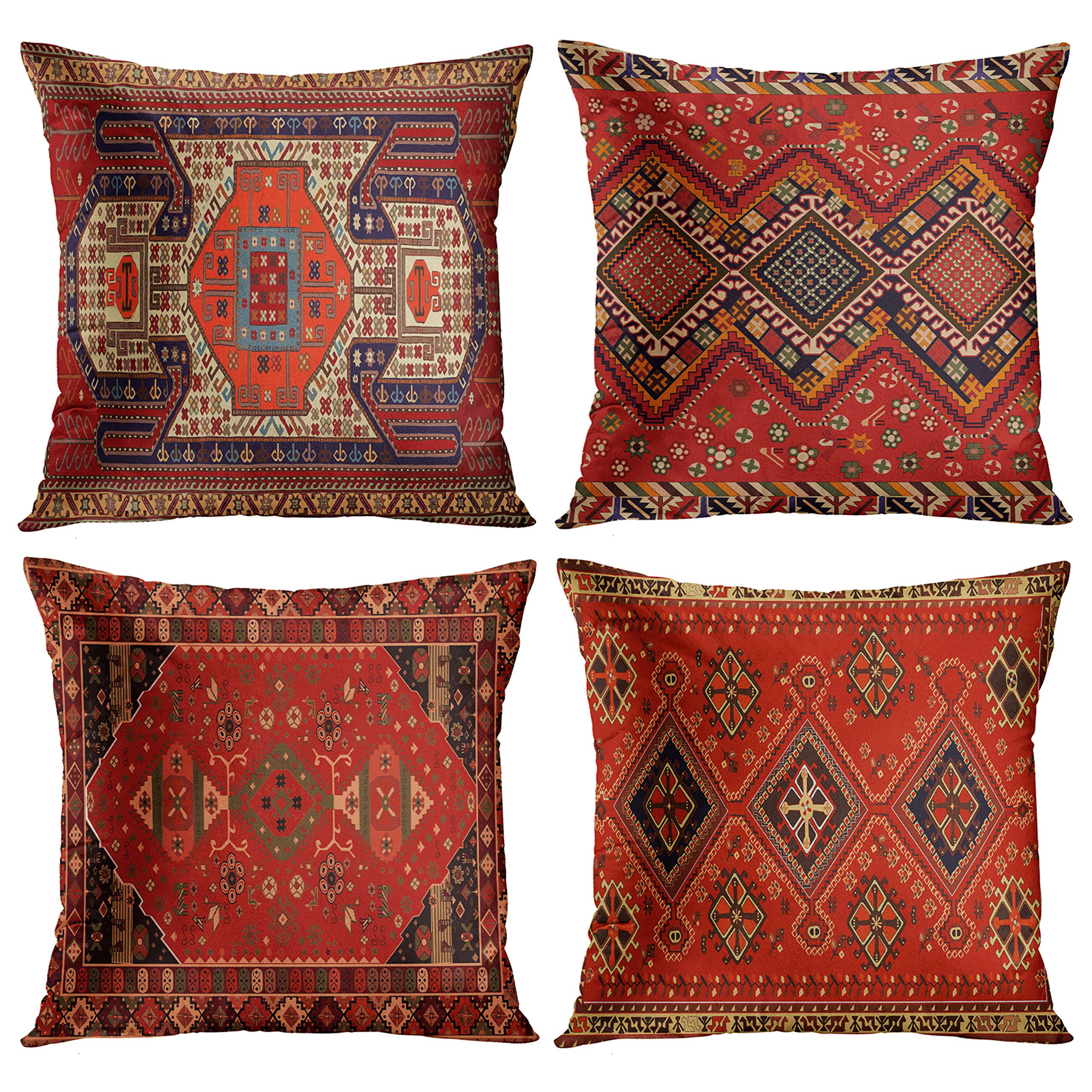 Emvency Set of 4 Throw Pillow Covers Tribal Abstract Bright Red and Yellow Vintage Persian Carpet Pattern Decorative Pillow Cases Home Decor Standard Square 18x18 Inches Floral Pillowcases