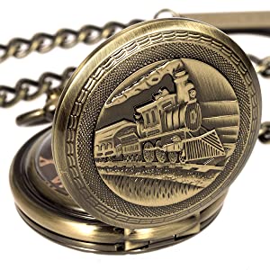 ManChDa Mens Pocket Watch 3D Steam Train Railroad Pattern Mechanical Movement for Men + Gift Box(Bronze)